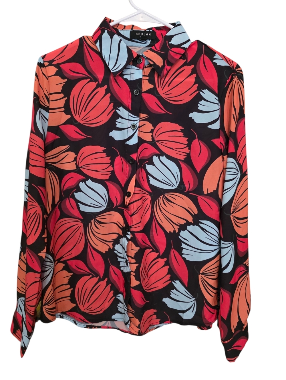 Beulah EUC Bold Tropical Print Longsleeve Button-up Blouse Size L